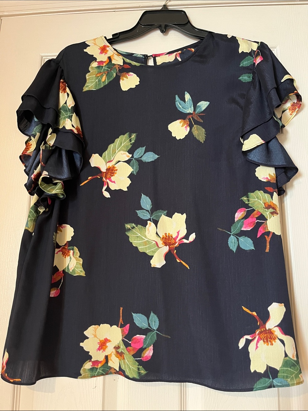 Express Navy Floral Ruffle Sleeve Blouse